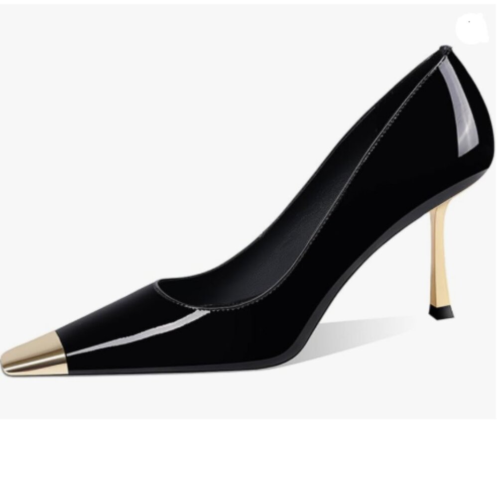 FOWT Black Metal Sqaure Cap Toe Pumps Slip on Gold Stiletto High Heels Shoes